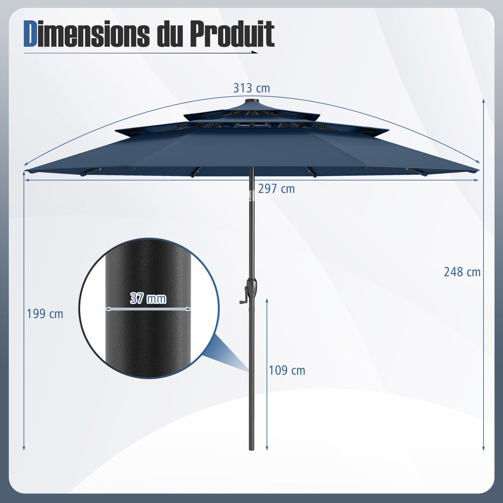 GOPLUS Parasol de Jardin Exterieur avec 32 LED Solaire, 3M Parasol Balcon Inclinable avec Toit à 3 Niveaux, 8 Baleines, Manivelle, Protection Solaire, pour Terrasse, Plage, Patio (Bleu)