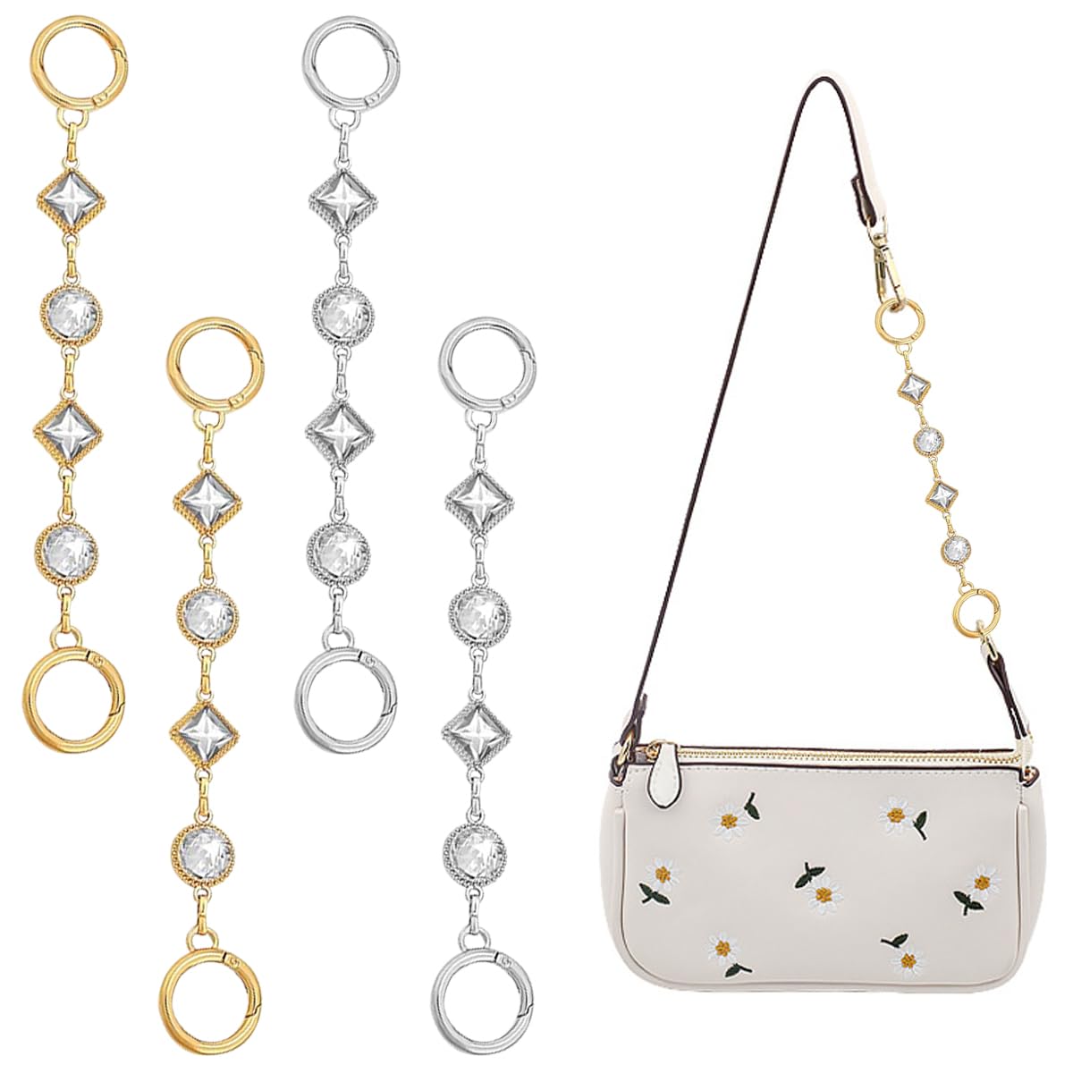 4 PCS Bag Extender Chain Purse Strap Extender Decorative Crystal Silver Chains Bag Exquisite Extender Purse Chain Strap Replacement Purse Accessories Bag Charms for Handbags Purse Making Supplies-image-10