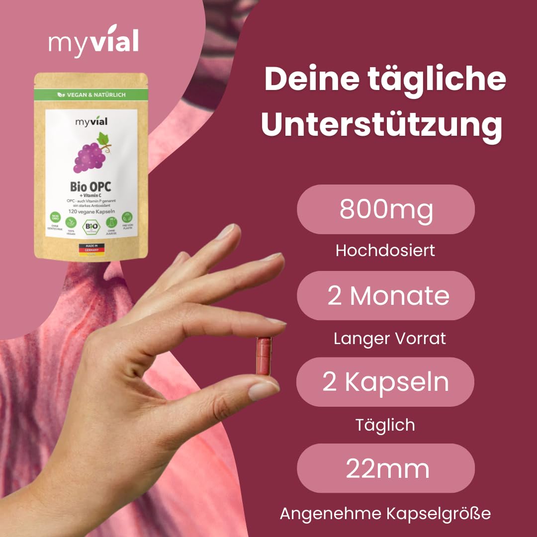 Bio OPC Traubenkern Aronia Kapseln – 120 Stück – Hochdosiert 400 mg – Mit natürlichem Vitamin C aus Acerola – Vegan & Laborgeprüft – Aus deutschen Weintrauben – Produziert in Deutschland