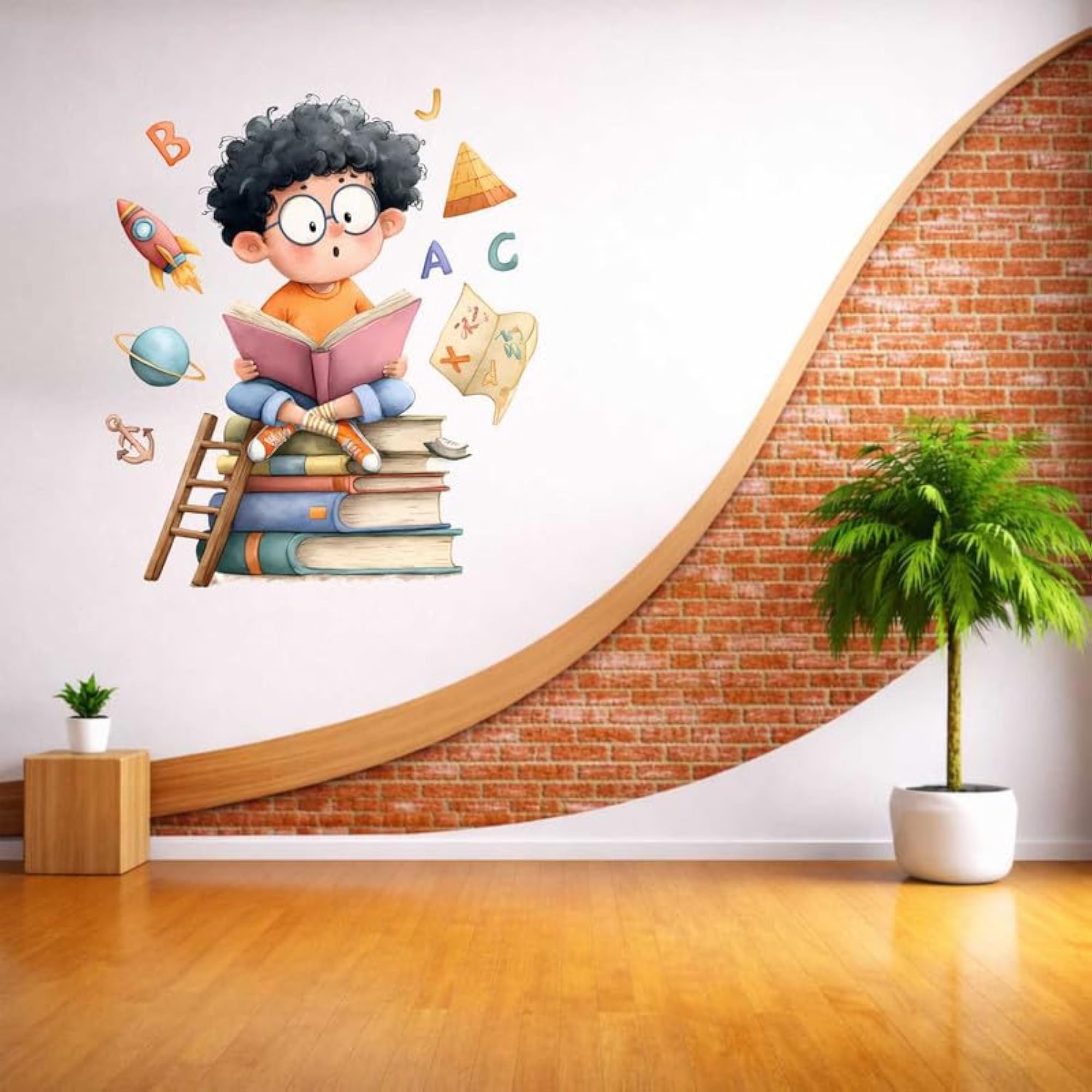 School Theme Sticker, Cute Reading Boy Wall Decor