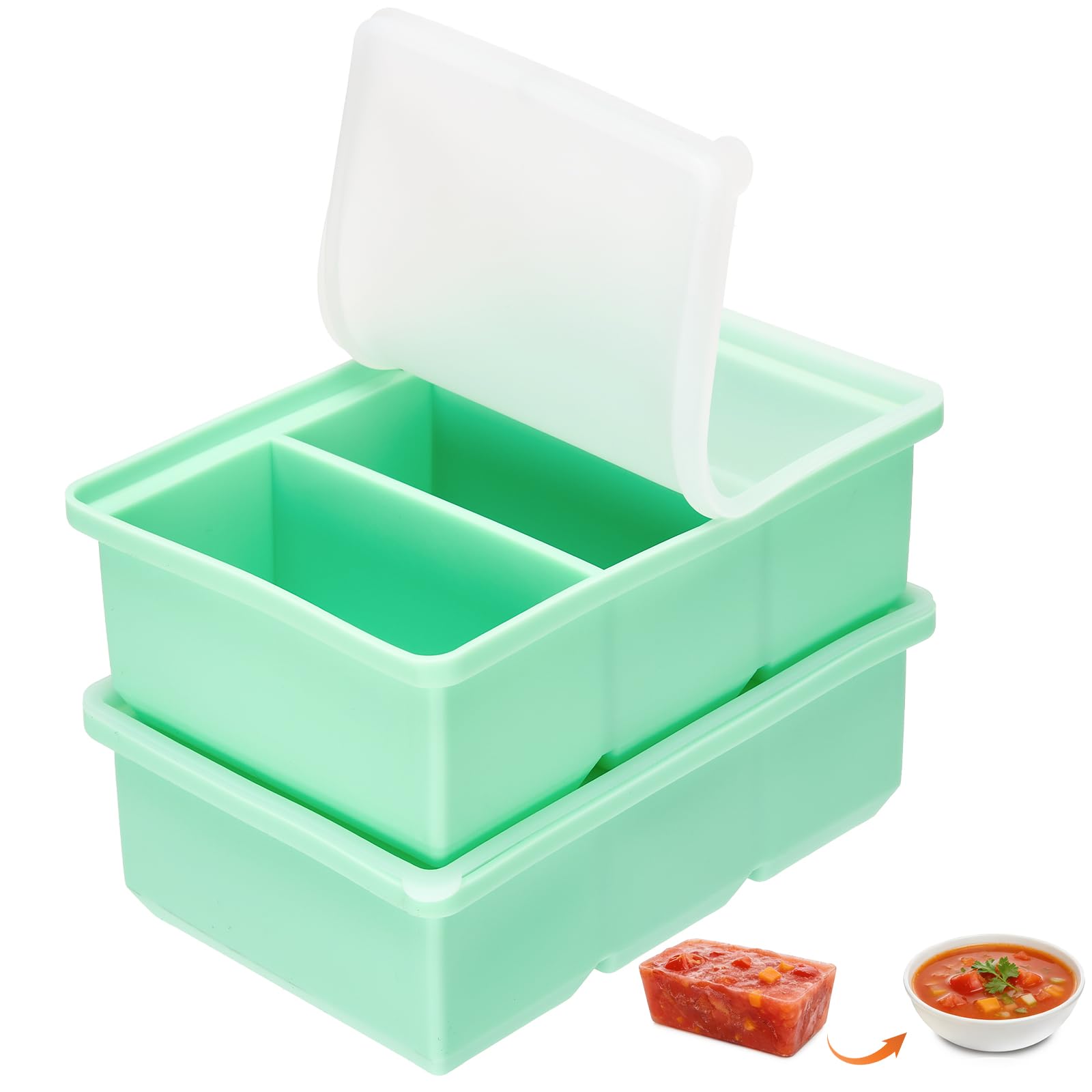 Defresit 2 Pack Freezer Trays For Batch Cooking, 660ML Freezer Containers with Lid, 3-Compartment,1-Cup/220ML Portions Cubes, Freezer Tray for Meal Prep, Soup, Sauce (Green)