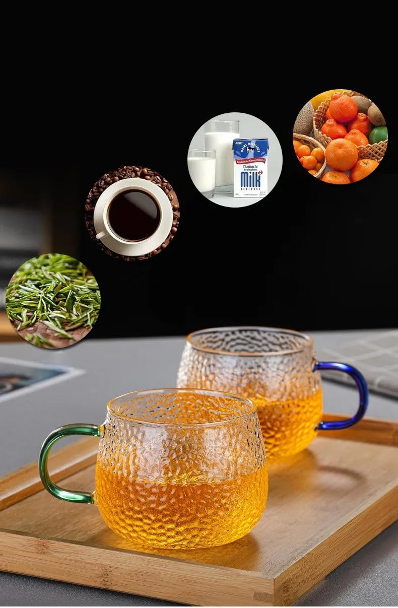 Avastro Espresso Hammered Lemon Glass with Heat-Resistant, 400ml-Capacity, Household Drinking Cup, Milk, Coffee, Juice Cup,Multicolor Hendle Pack of 2 2