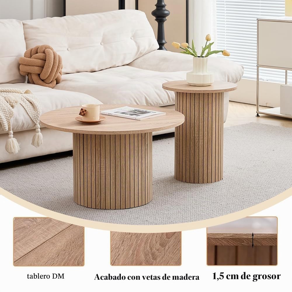 Juego de 2 Mesas de Centro Redondas de Madera, Mesa Auxiliar Moderna con Base de Columna Romana para Sala de Estar, Balcón y Dormitorio （Veta de Madera Natural）