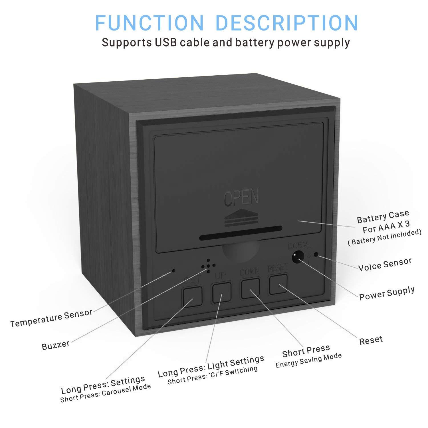 MiCar Digital Alarm Clock, Wood LED Light Mini Modern Cube Desk Alarm Clock Displays Time Date