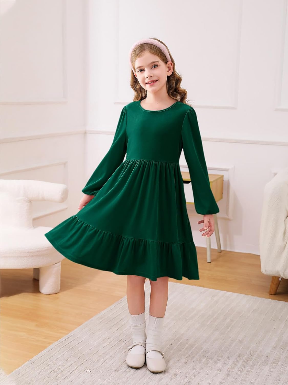 Haloumoning Girls Velvet Dress Long Sleeve Crew Neck A-Line Tiered Elegant Party Holiday Dresses 5-14Y - Image 4