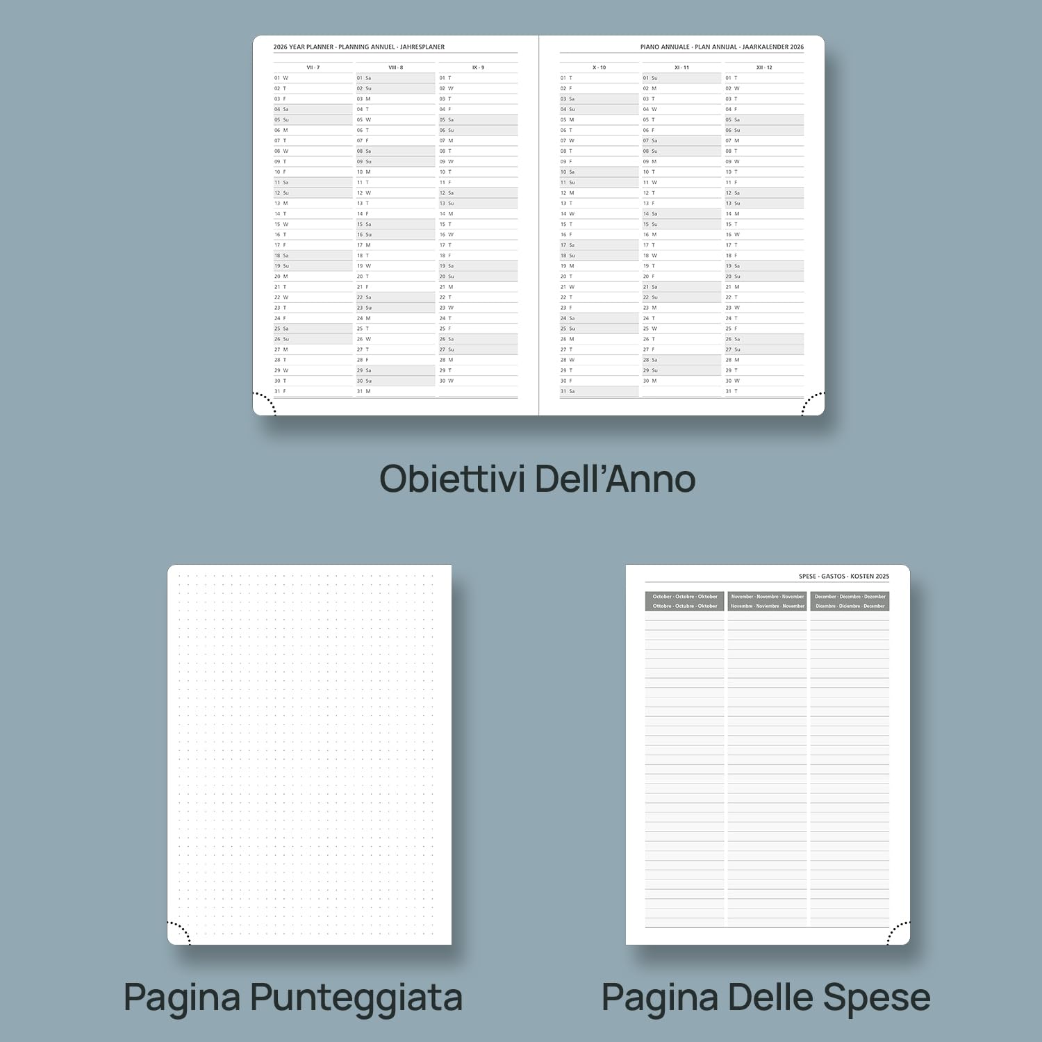 POPRUN Agenda Settimanale 2025 Verticale 22 x 16,5 cm, Copertina Morbida in Pelle Vegana, Planner 2025 con Tag Mensili, Carta Spessa da 100 GSM, Verde Pacifico