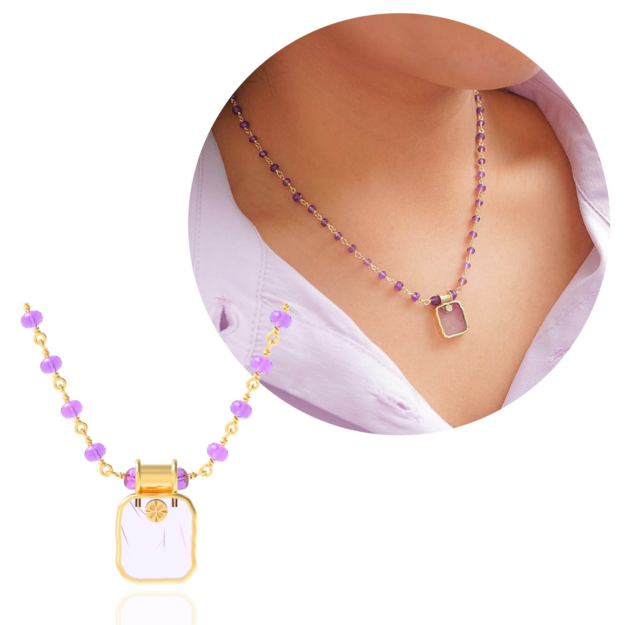 Amethyst Crystal Square Gold Beaded Necklace