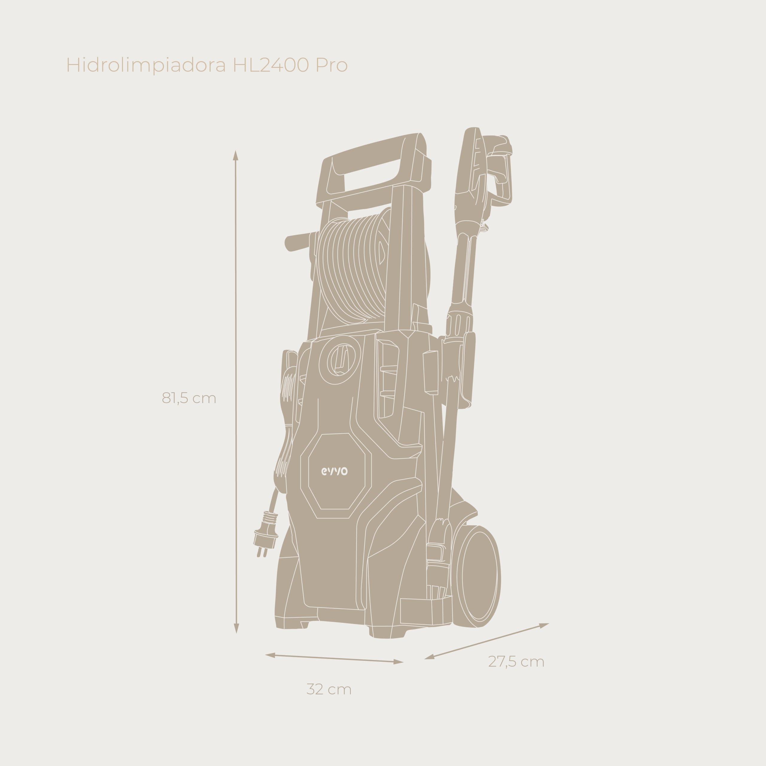EVVO Hidrolimpiadora HL2400 Pro, 2400W, 180 Bares, 480 l/h, Manguera 8 m, Pistola Regulable, Botella de jabón, Kit Coche, asa de Transporte, diseño Ligero y Potente para Limpieza Exterior