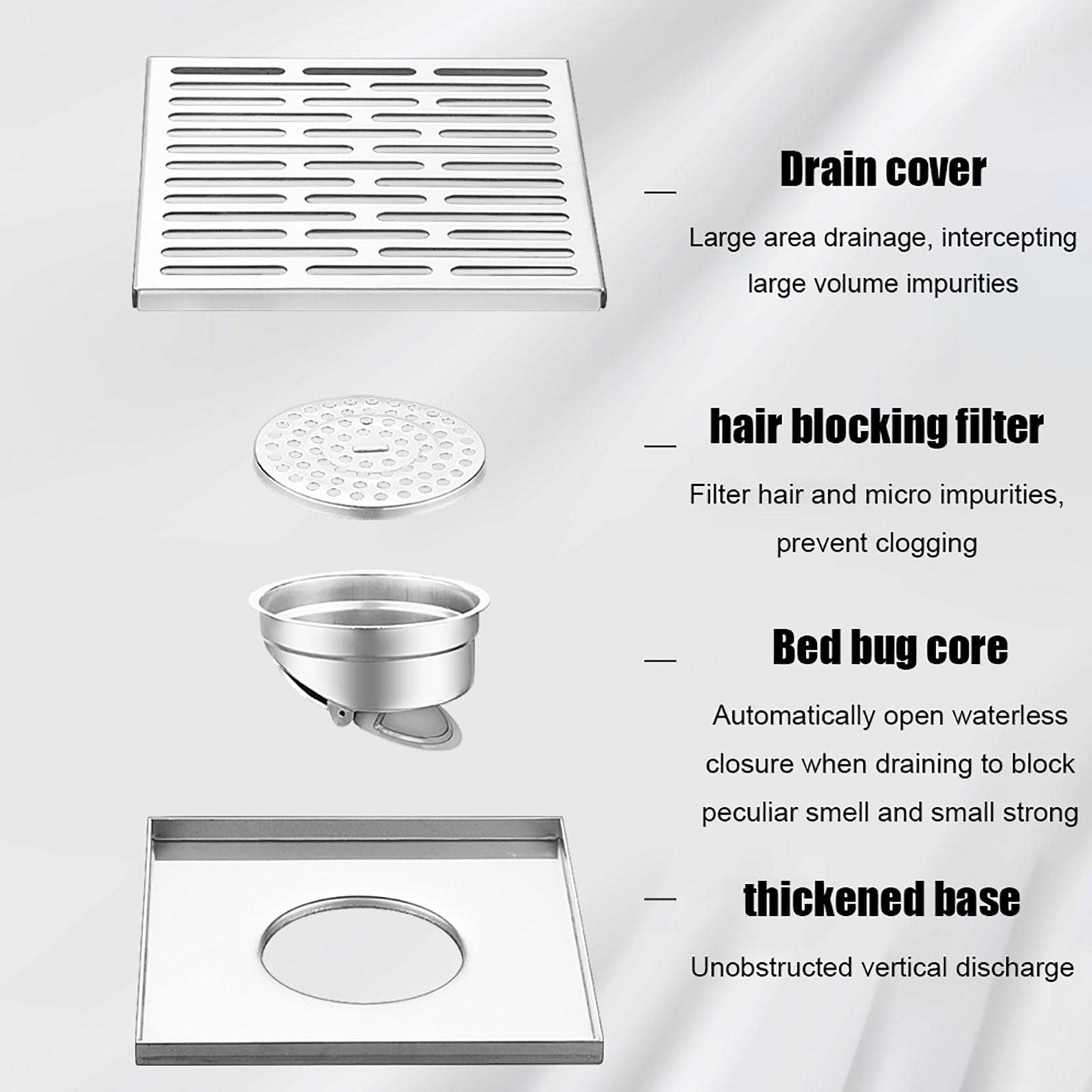 Piletta a pavimento quadrata in acciaio inox 304, piletta doccia, patio esterno misura grande 15 antiodore 15X15 sedicente