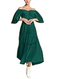 Womens Casual Midi Dress Elegant Vintage Swiss Dot Off Shoulder Ruched Empire Waist Forest Green Evening