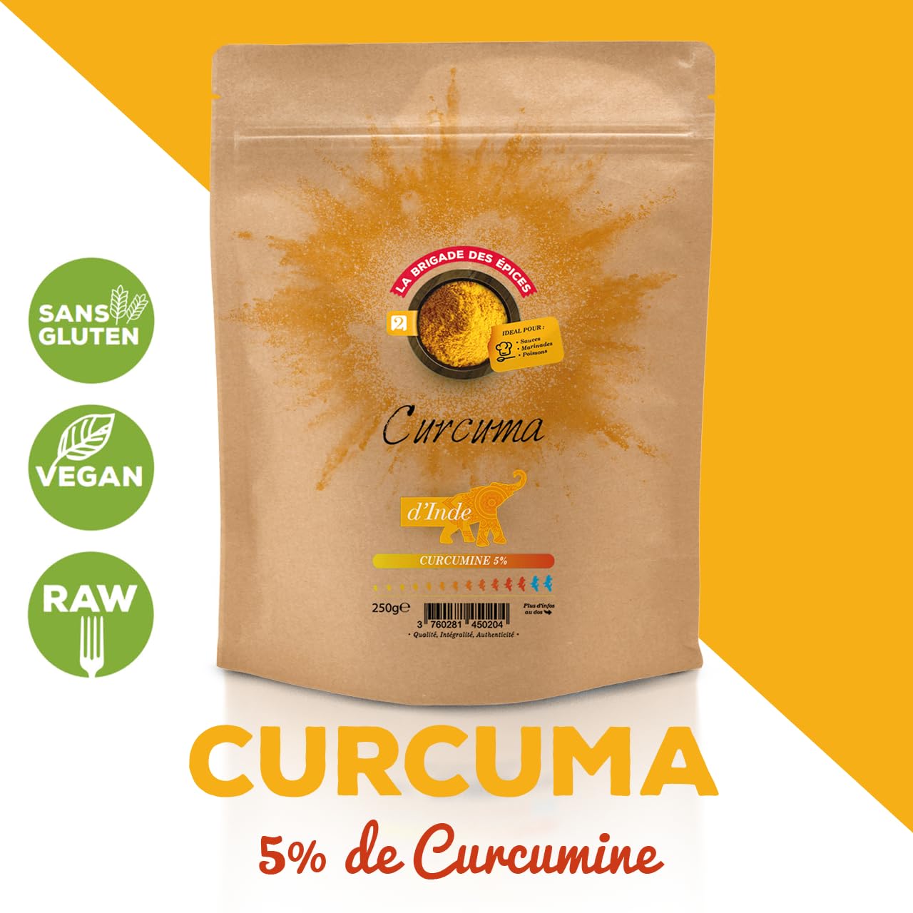 La Brigade des Épices - Curcuma en poudre 5% de curcumine - 250 g – 100% Naturel - Végétalien & Sans gluten – Conditionné en France