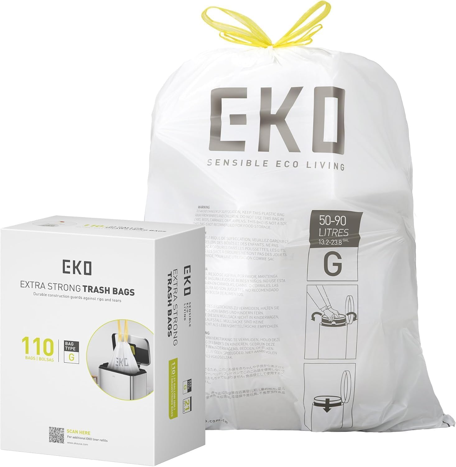 EKO Bolsas de Basura para Cocina Código G 50-90 L Pack de 110 | Bolsas EKO extra fuertes de 50–90 L, antifugas, con cordón reforzado y pack de 110 unidades.