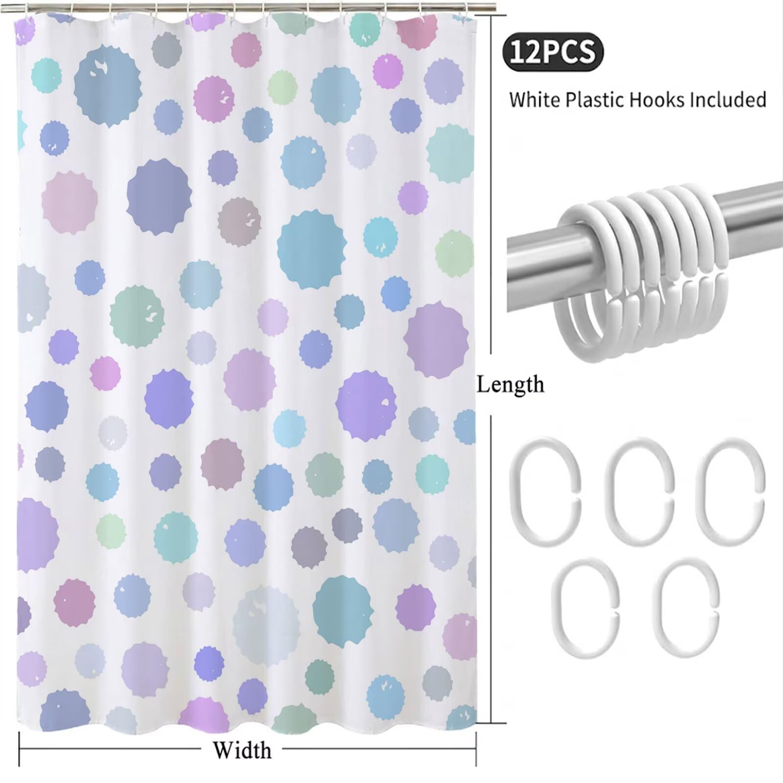 Rideau de Douche 180x220 cm - Tissu Polyester Imperméable Anti-Moisissure - 12 Anneaux Inclus - Ourlet Lesté pour Stabilité - Lavable en Machine - Idéal de Baignoire et Douche - Violet & Pois Y1#512