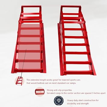 INTSUPERMAI 3Ton Car Ramps Auto Car Service Ramps Lifts Car Maintenance ramp Heavy Duty Iron Steel Frame for Vehicle Auto Truck Garage Repair 2PCS-Red
