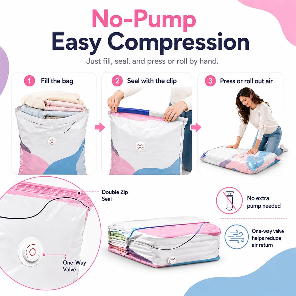 Large No-Pump 3d Vacuum Storage Bags, Life Space Creator Storage Bags, 3d Compression Storage Bag, Thickened Reusable Space Saver for Clothes Duvets, Bedding & Travel (M 4PCS)