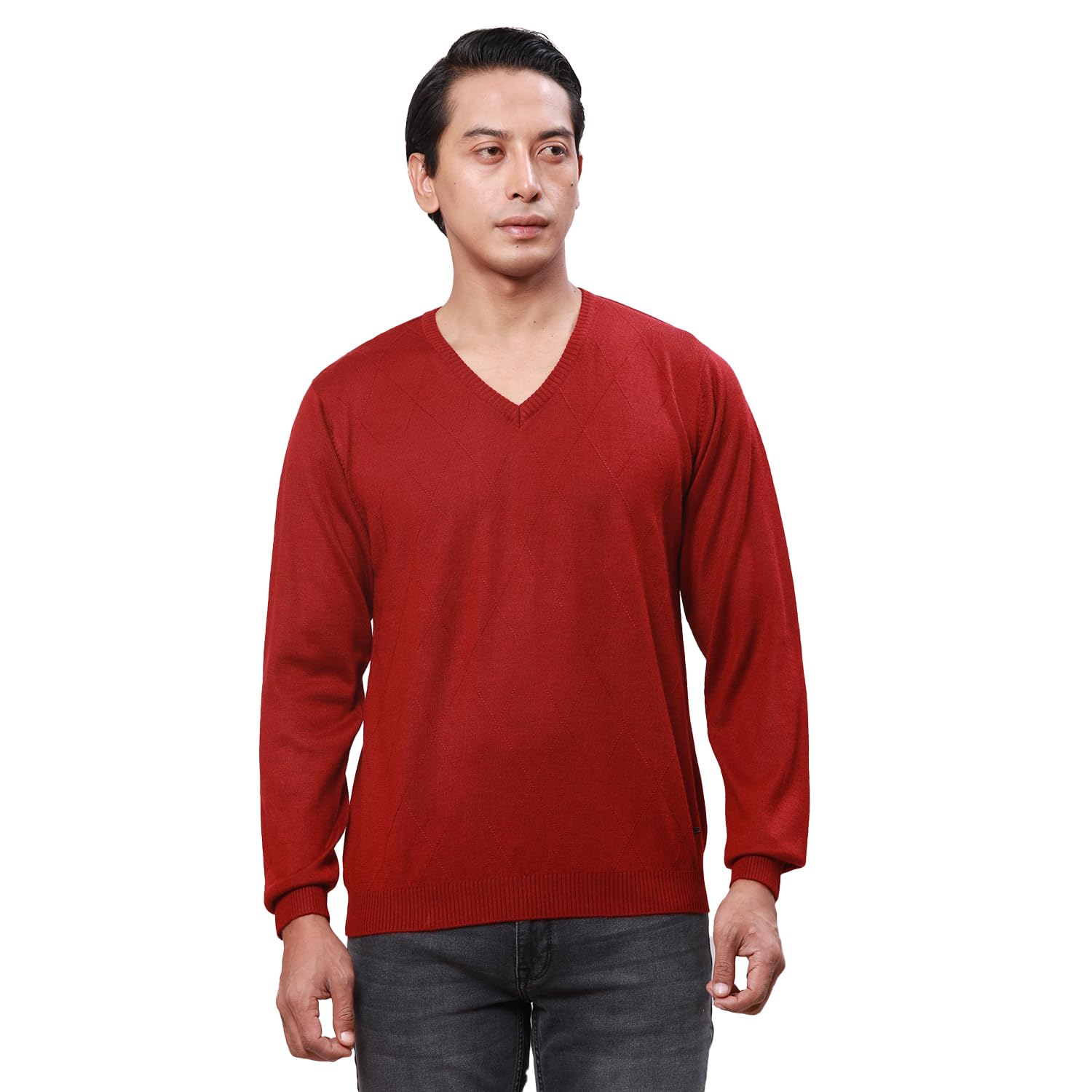 park avenue Men's Regular Fit Acrylic Wool Blend Full Sleeve V Neck Solid Pattern Red Casual Sweater-picture-37