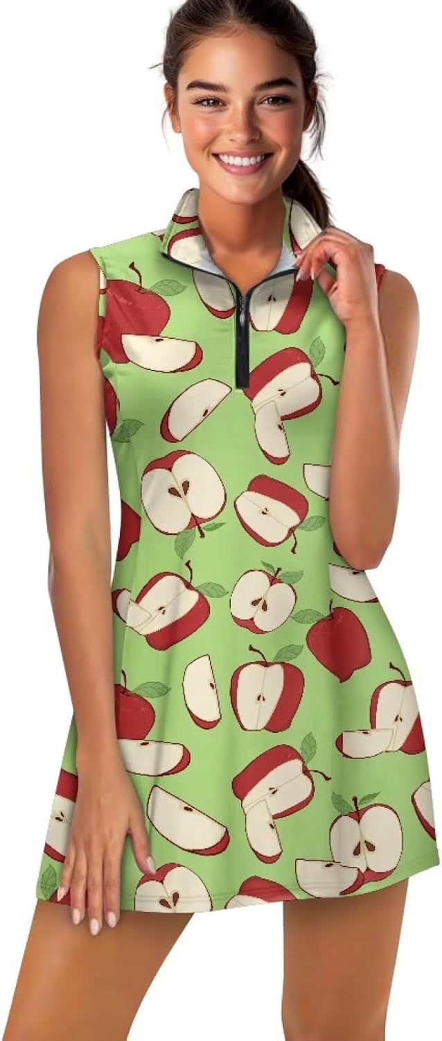 Golf Dresses for Women with Shorts Apple Print Workout Tennis Dress with Pockets Zip Up Sleeveless Athletic Romper Dresses Summer Pickleball Outfits