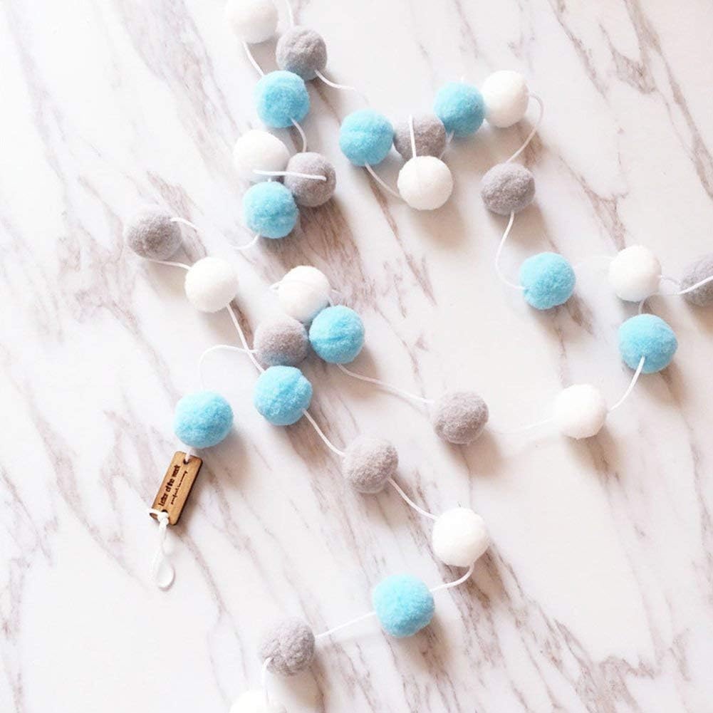 VOOYE 2M 30pcs Wool Felt Ball Baby Room Wall Decor Hanging Fur Ball Garland for Craft Making and Hobby Supplies Home Decoration(white+gray+blue)