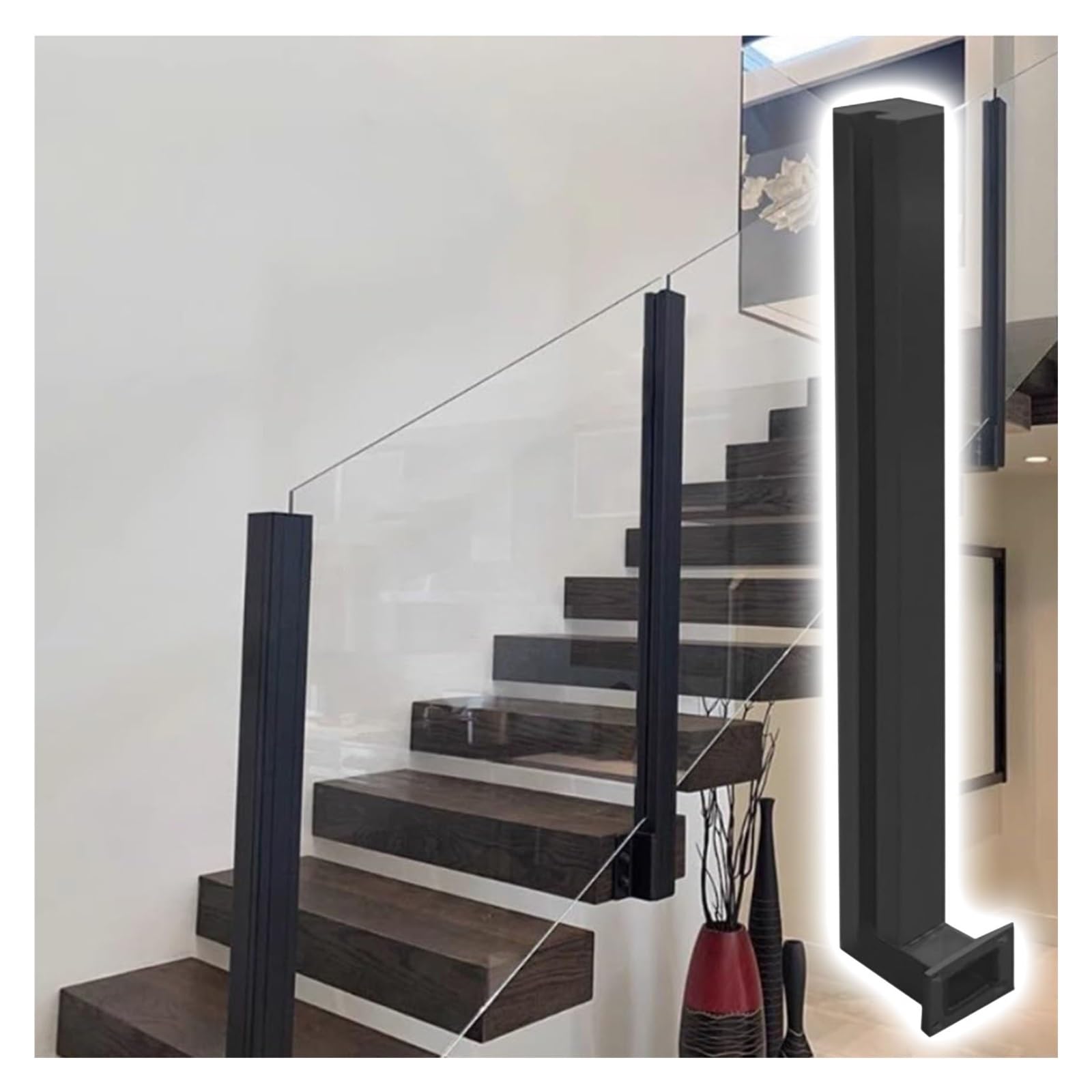 Garde-corps extérieur en verre avec poteau d'extrémité métallique noir de 105 cm
