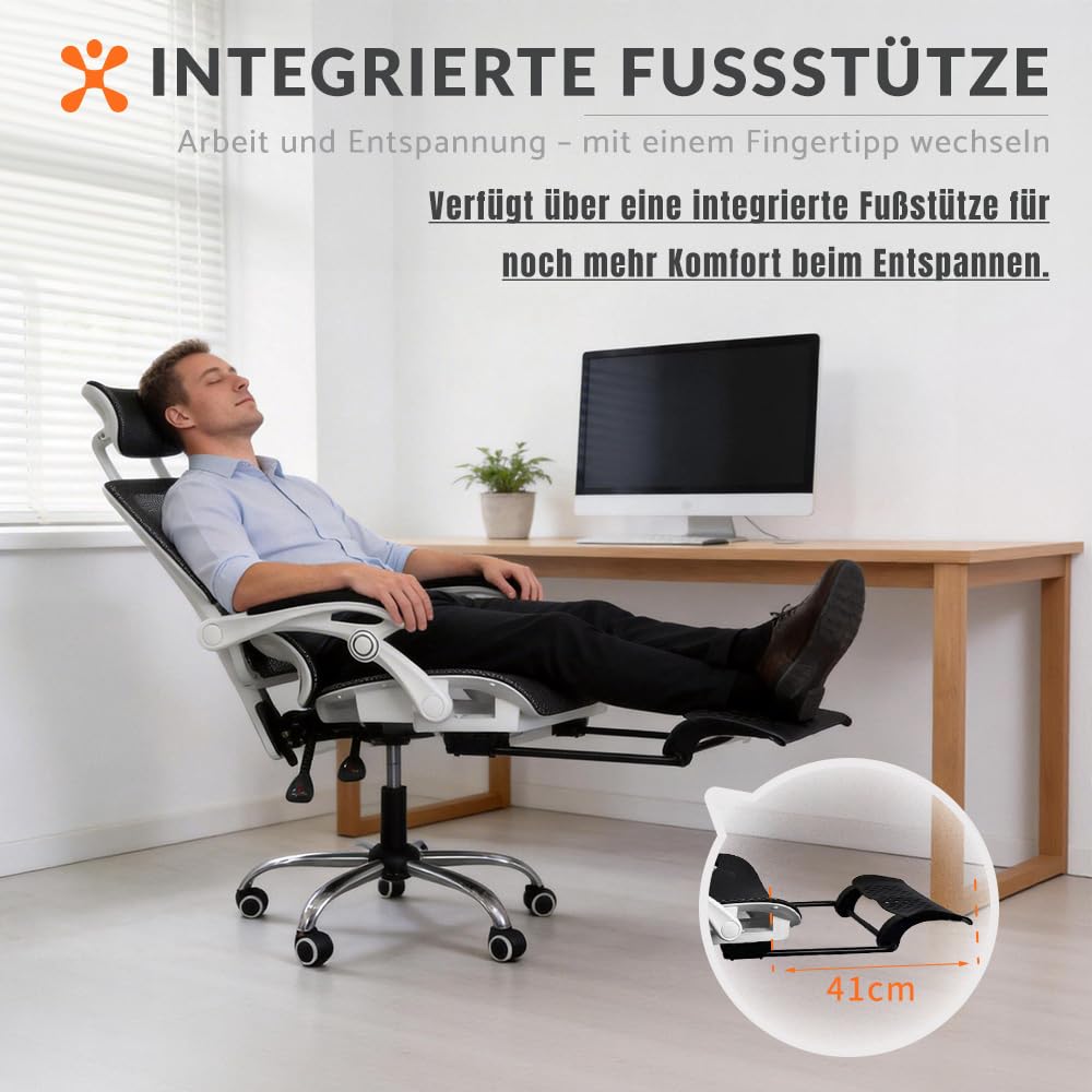 Sedia da ufficio ergonomica con forte supporto lombare regolabile, in rete traspirante, con ampia seduta, poggiapiedi, stabile scrivania per computer (bianco)