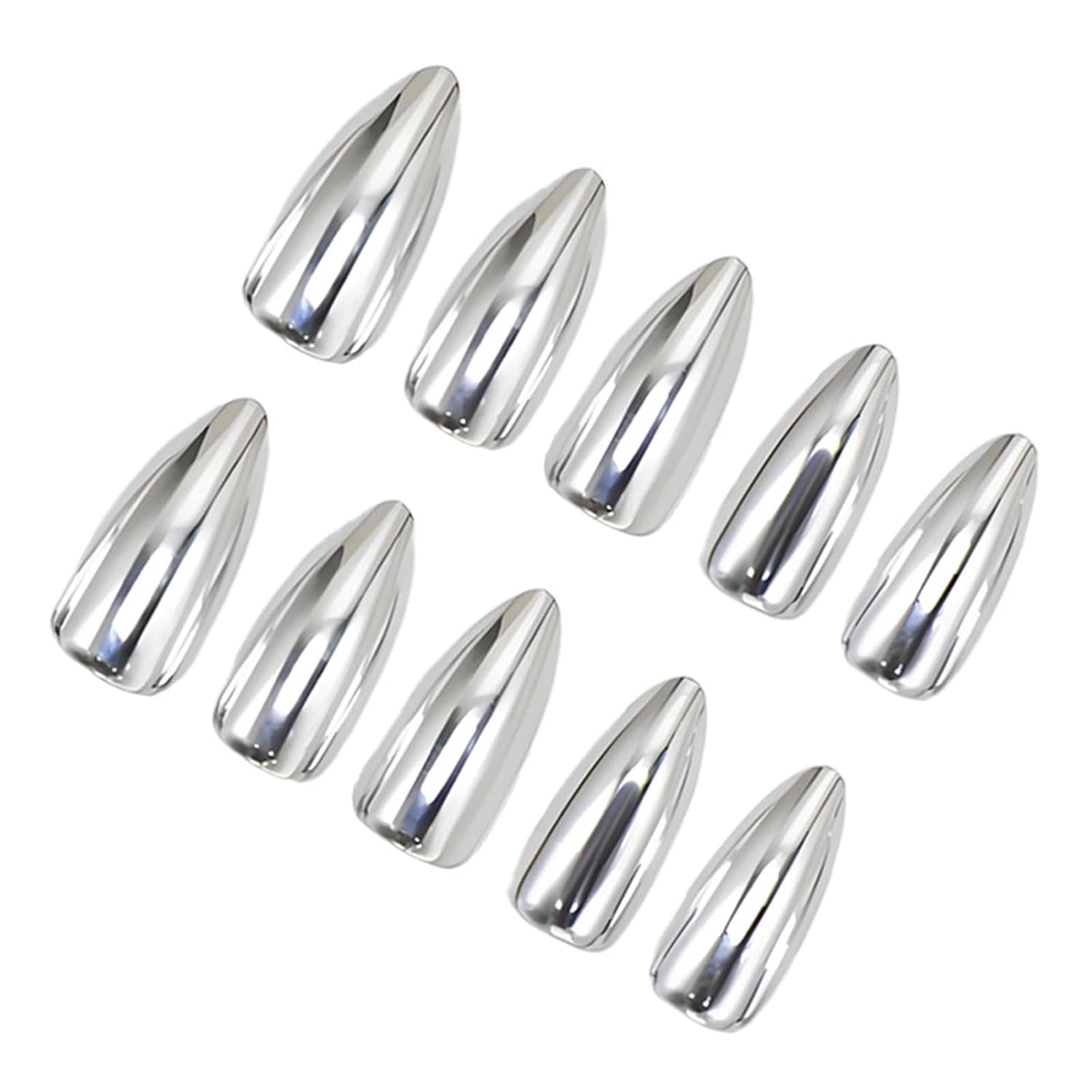 Silver Press on Nails Medium Almond Fake Nails Metal Chrome False Nails Glossy Silver Mirror Acrylic Nails Reusable Full Cover Holographic Glue on Nail for Women Nail Decorations 24Pcs