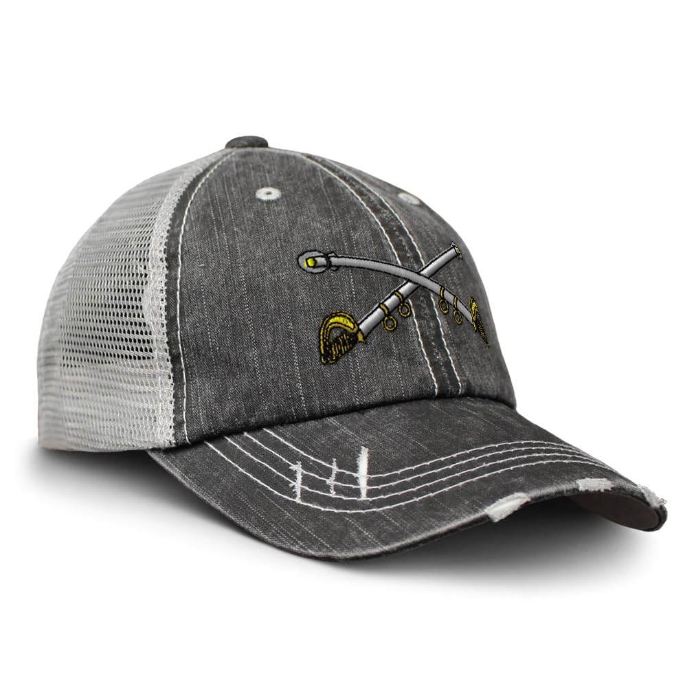 Soft Mesh Cap Hat Embroidered Cavalry Crossed Sabers Brass Embroidery Distressed Vintage Cap Cotton