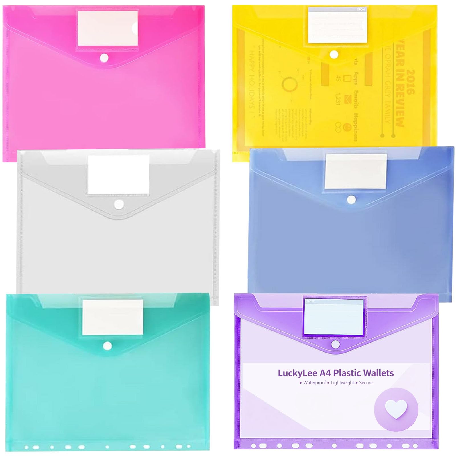 6PCS Plastic Wallets A4 Punched Pockets-6 Colours Plastic File Folders with 11 Holes, Transparent Document Envelopes Wallets with Snap Button Label Pockets for Office, School, and Home Organization