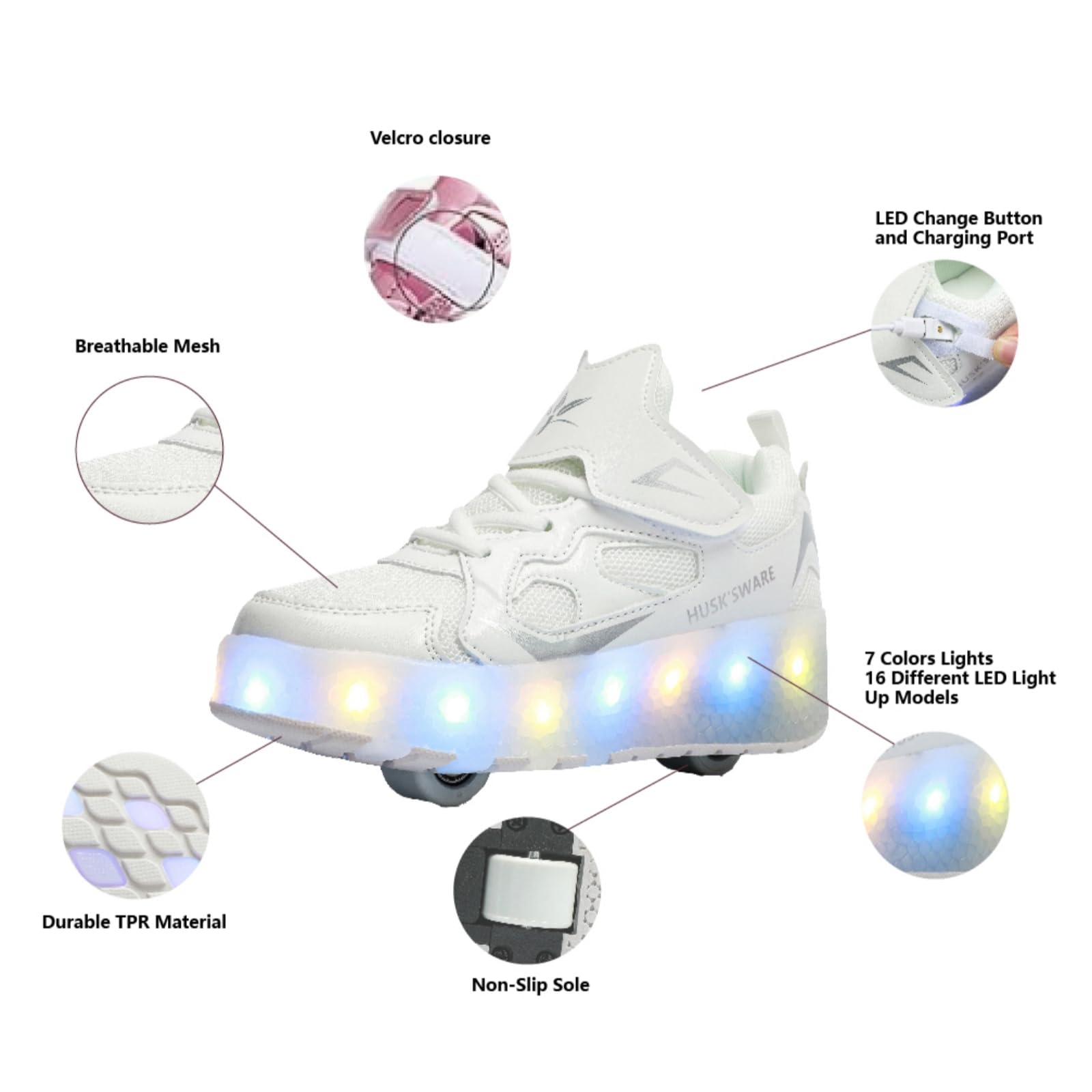 HUSKSWARE Chaussures de Skate à Deux Roues pour Enfants, avec lumière Changeante Ajustable et Recharge USB, Universel pour garçons et Filles, Noir, Rose, Or, Argent, Tailles 28 à 41 EU.
