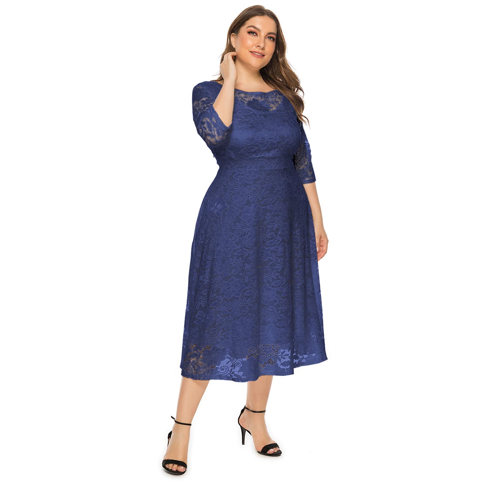 Odizli Damen Elegant 3/4 Ärmel Spitzenkleid Hochzeit Festlich Coctailkleid Abendkleid Große Größen