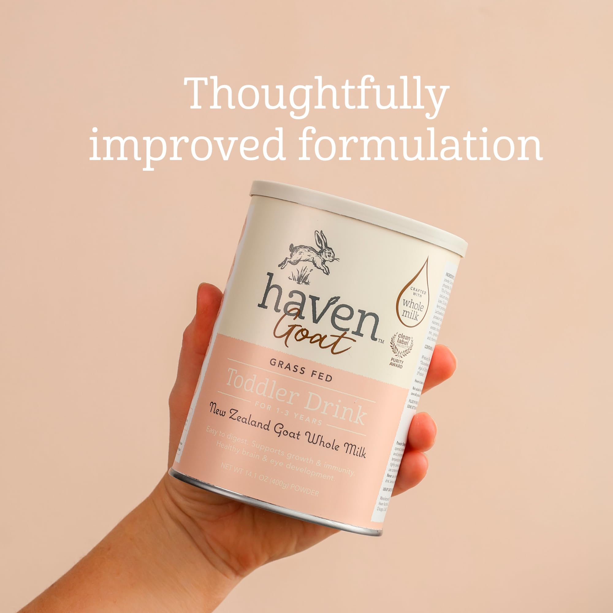 Haven Fórmula de cabra para niños pequeños, leche entera de cabra alimentada con pasto en polvo para niños pequeños con probióticos, prebióticos, luteína y Omega 3 Dha, fórmula de fácil digestión, sin