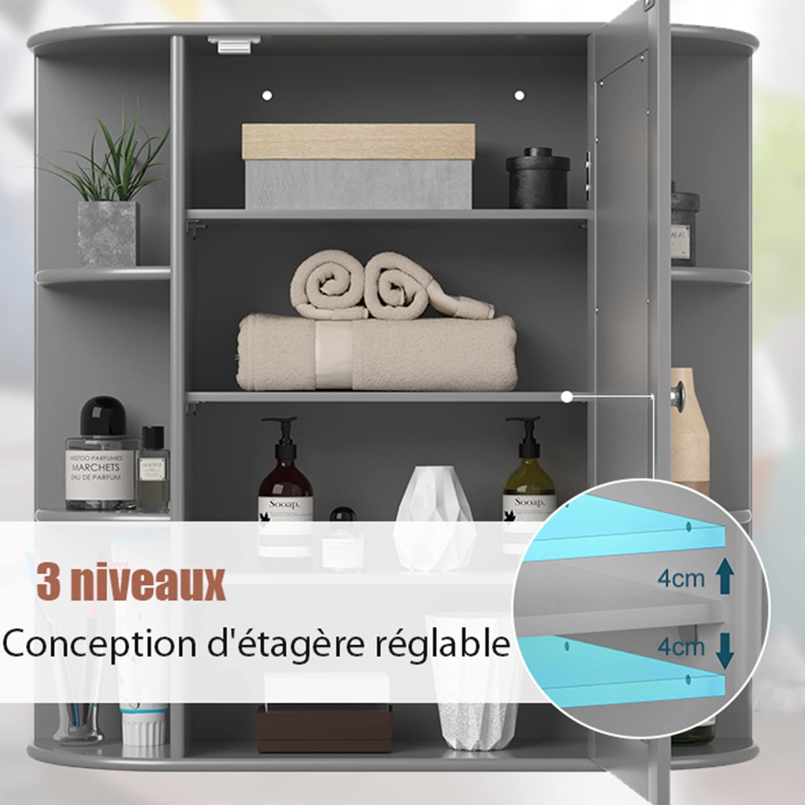 Armoire Murale Salle De Bain 42x17x70cm Blanche - 3 Compartiments Avec Porte Et Étagère Réglable