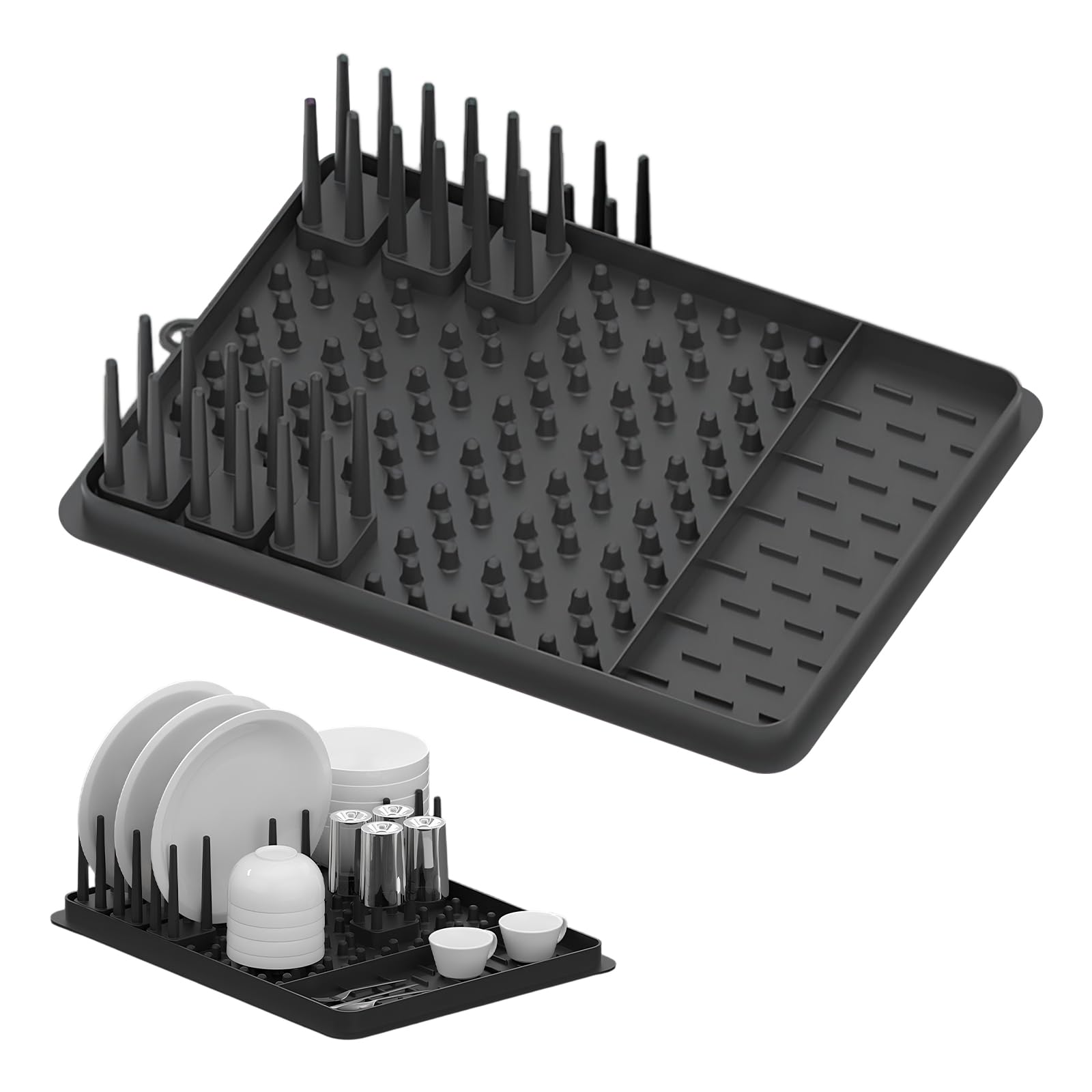 Alyxen Black Silicone Dish Drying Mat,Dish Drainer Rack With Removable Cutlery Holder And Drainage Spout,Kitchen Dish Plate Drainer,Sink Drainer Tray For Kitchen Counter Plates, Cups, Pots & Pans (Black)