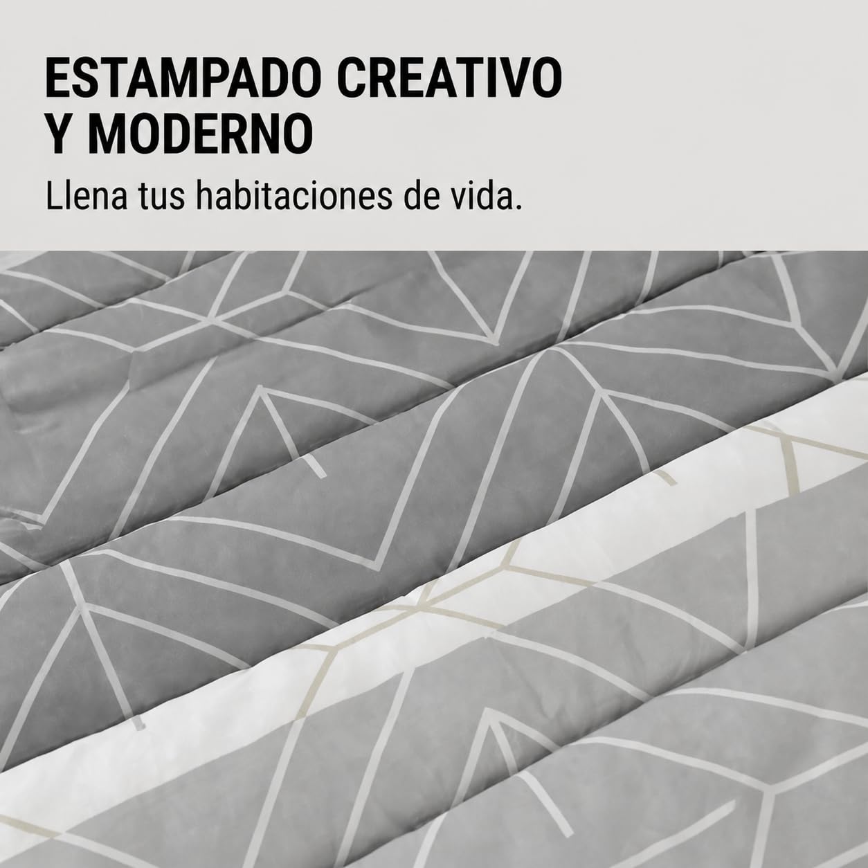 Edredón Ajustable DOLI Geométrico Gris Lanovenanube Cama 200 Microfibra | Estampado geométrico gris y dorado, tacto melocotón 250 g, ajuste al colchón. Largo 190/200 cm. Fabricado en España