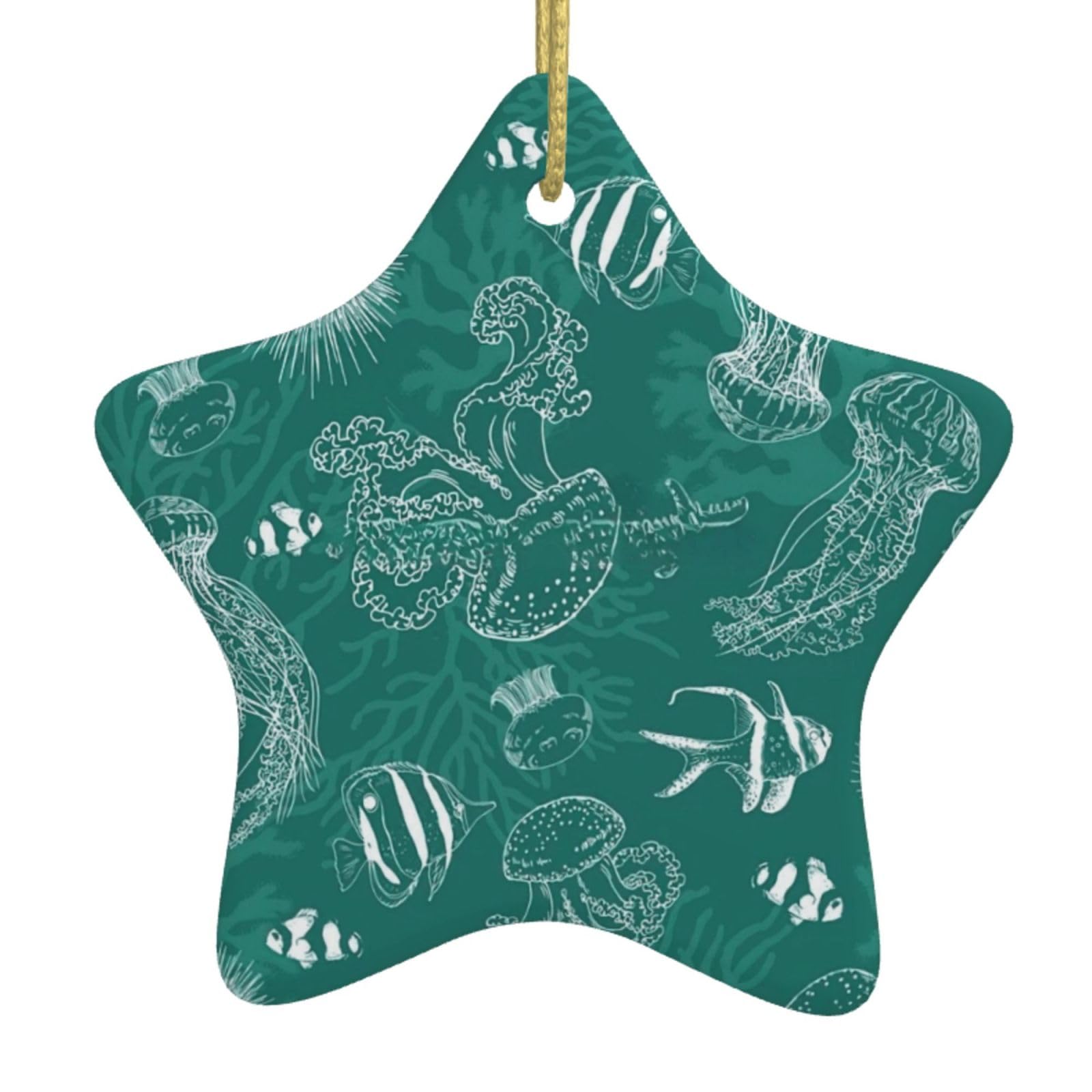 Dolphins Flowers Sea Starfish Coral Seashell Print Christmas Ornaments, Ceramic Hanging Ornament, Round Shape Decorations