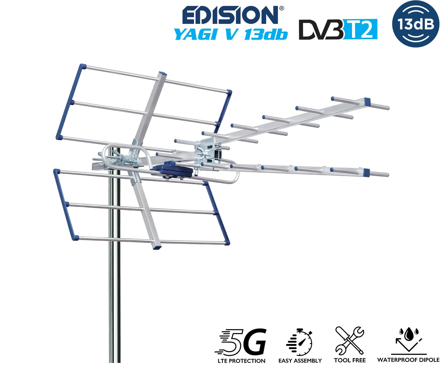 EDISION YAGI V 13db Antenna TV Digitale Terrestre UHF 21-48 esterno, con filtro 5G LTE, per Ricezione il segnale Digitale Terrestre DVB-T/T2, Frequenze 470-694Mhz, Lunghezza 87cm, LTE700, Blu