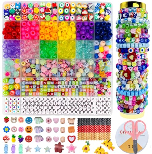 1000 Perlen für Armbänder 600 Pony Beads 300 Buchstabenperlen Polymerton Perlen zum Auffädeln Zubehör Armbänder Selber Machen Kinder Geeignet für Halsketten Schmuck Selber Machen Set Geschenke