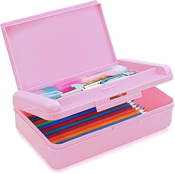Double Layer Pencil Box, Hard Pencil case 2 Compartments, Plastic Large Capacity Pencil Case with Snap-tight Lid, Hard Storage Organizer Box for Girl Boy, Medium-sizedPink