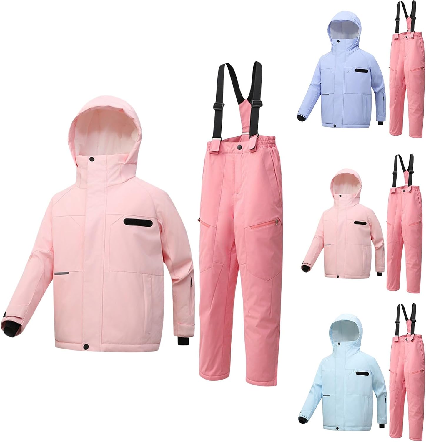 Teen Ski Overall Set Boys Girls Zip Up Windbreaker Plain Hooded Down Jacket Winter Warm Adjustable Overall Set