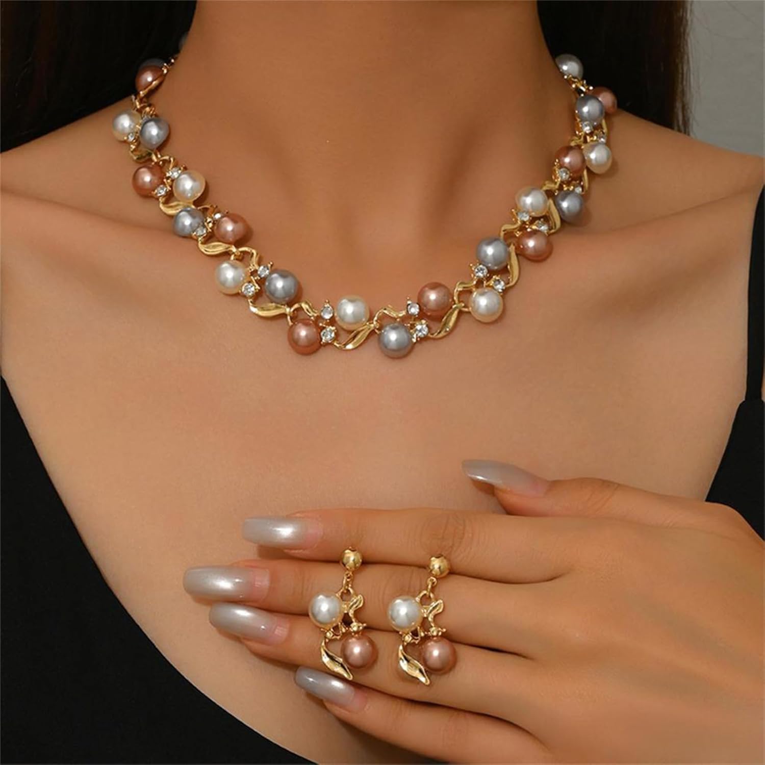 Elegant Pearl Necklace Earring Set for Women Bohemia Crystal Rhinestone Wedding Jewelry with Vine Leaf Design Gold Plated Multi-Color Simulated Pearl Earrings Bridesmaid Bride Gifts - Image 4