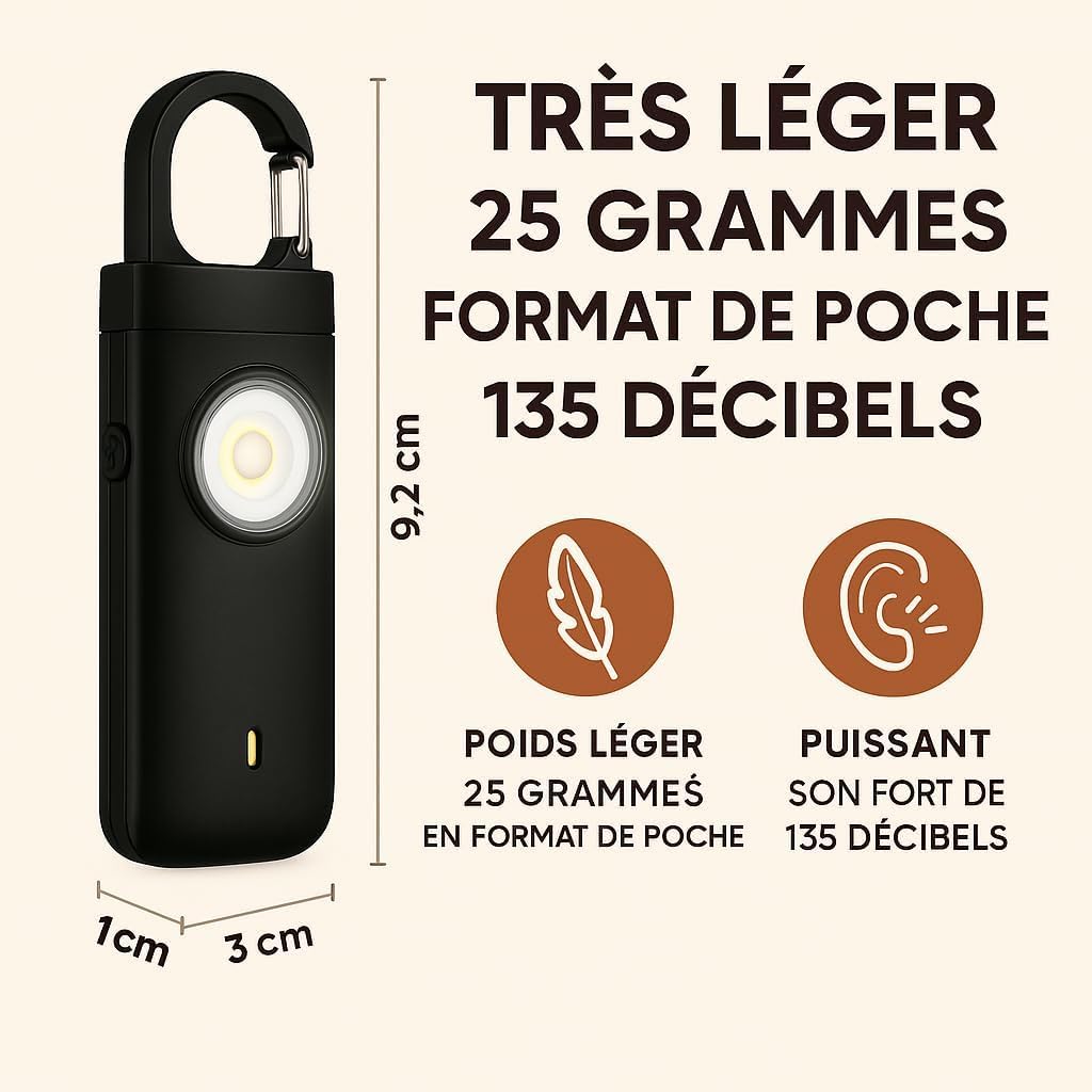 Allarme tascabile potente, allarme anti aggressione ricaricabile per sicurezza d’emergenza da 130 decibel, con luci SOS, ricarica USB Type-C, leggero, protezione per bambini, donne e persone anziane