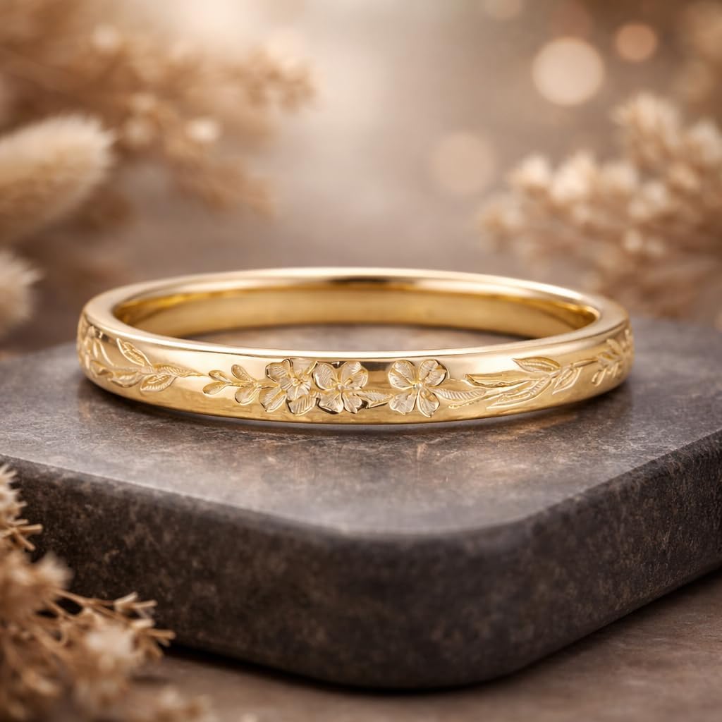 14K Yellow Gold Plated Floral Engraved Wedding Band for Women Vintage Blossom Carved Ring Minimalist Gold Promise Stackable Anniversary Elegant Nature Inspired Jewelry Gift for Her