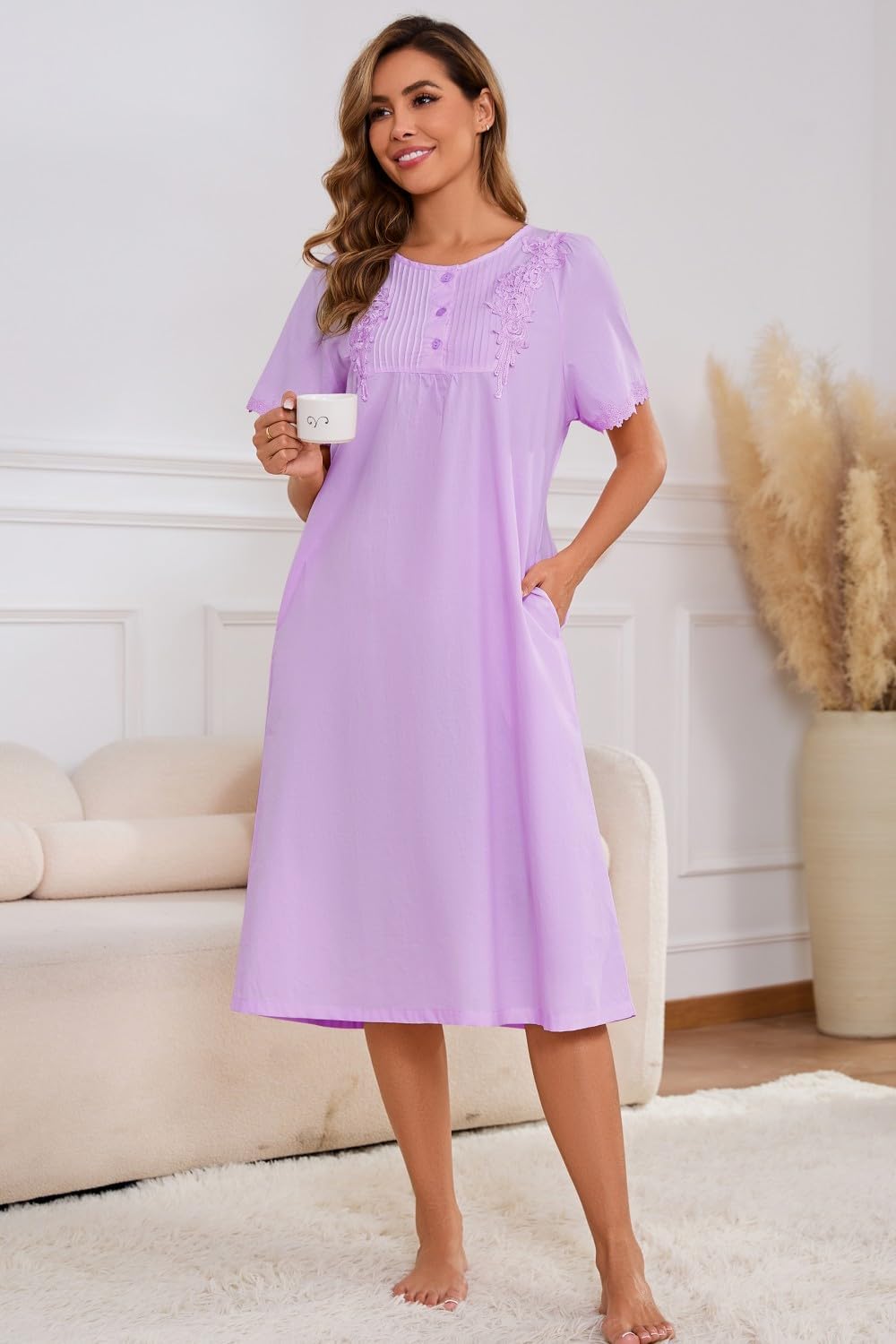 AVIIER 100% Cotton Nightgowns for Women Short Sleeve Night Gown with Pockets