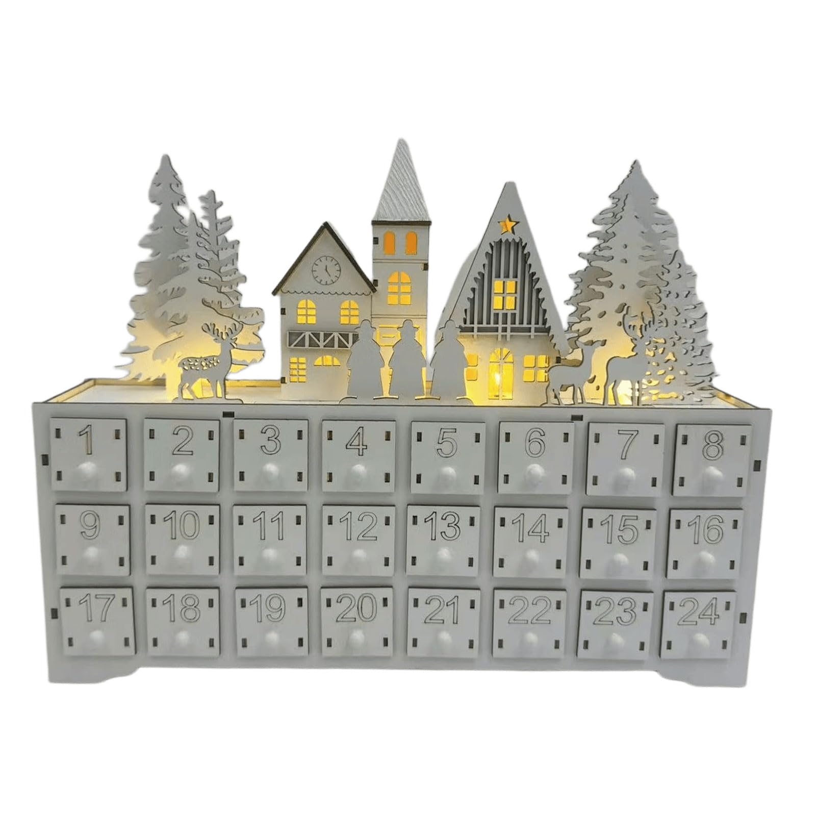 Eingangstisch, Weihnachtsdekoration, Weihnachts Adventskalender aus Holz mit 24 Schubladen, freistehendes Dorf Countdown Aufbewahrungsstück für kleine Überraschungen, Adventsschubladen Dekoration,
