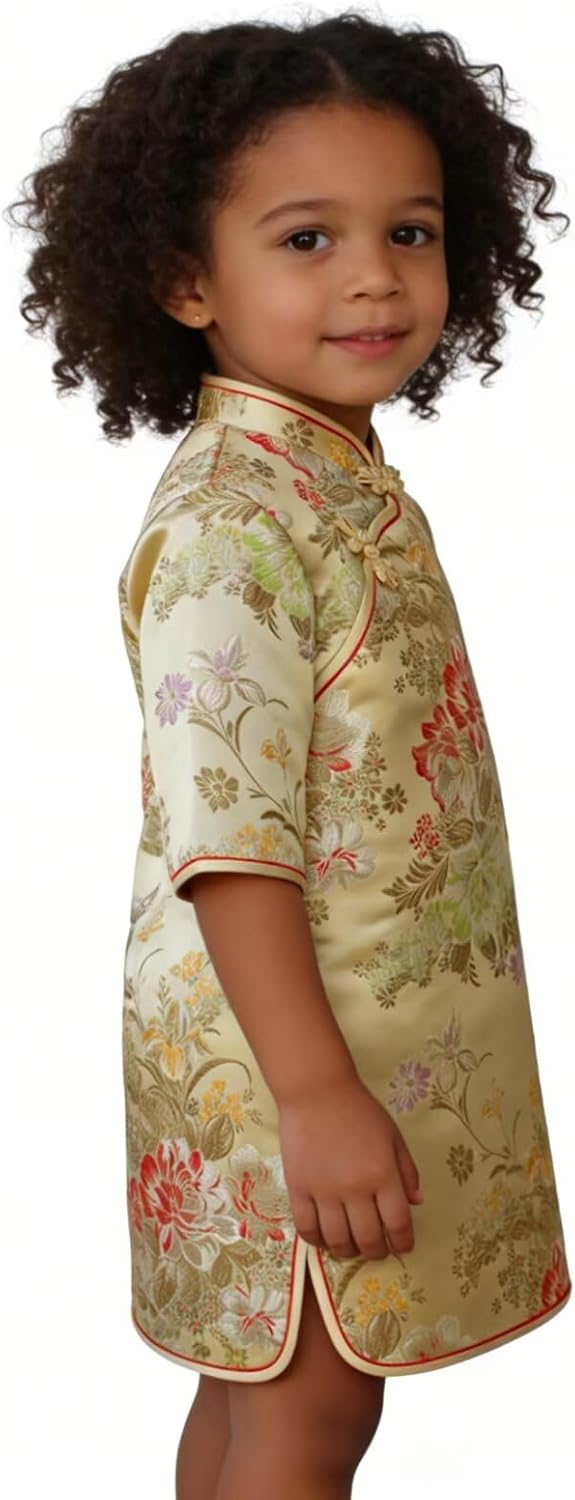 Chinese Girls Dress Peony Rose Qipao Half Sleeve Cheongsam Wedding Dresses Princess Birthday Party Costume