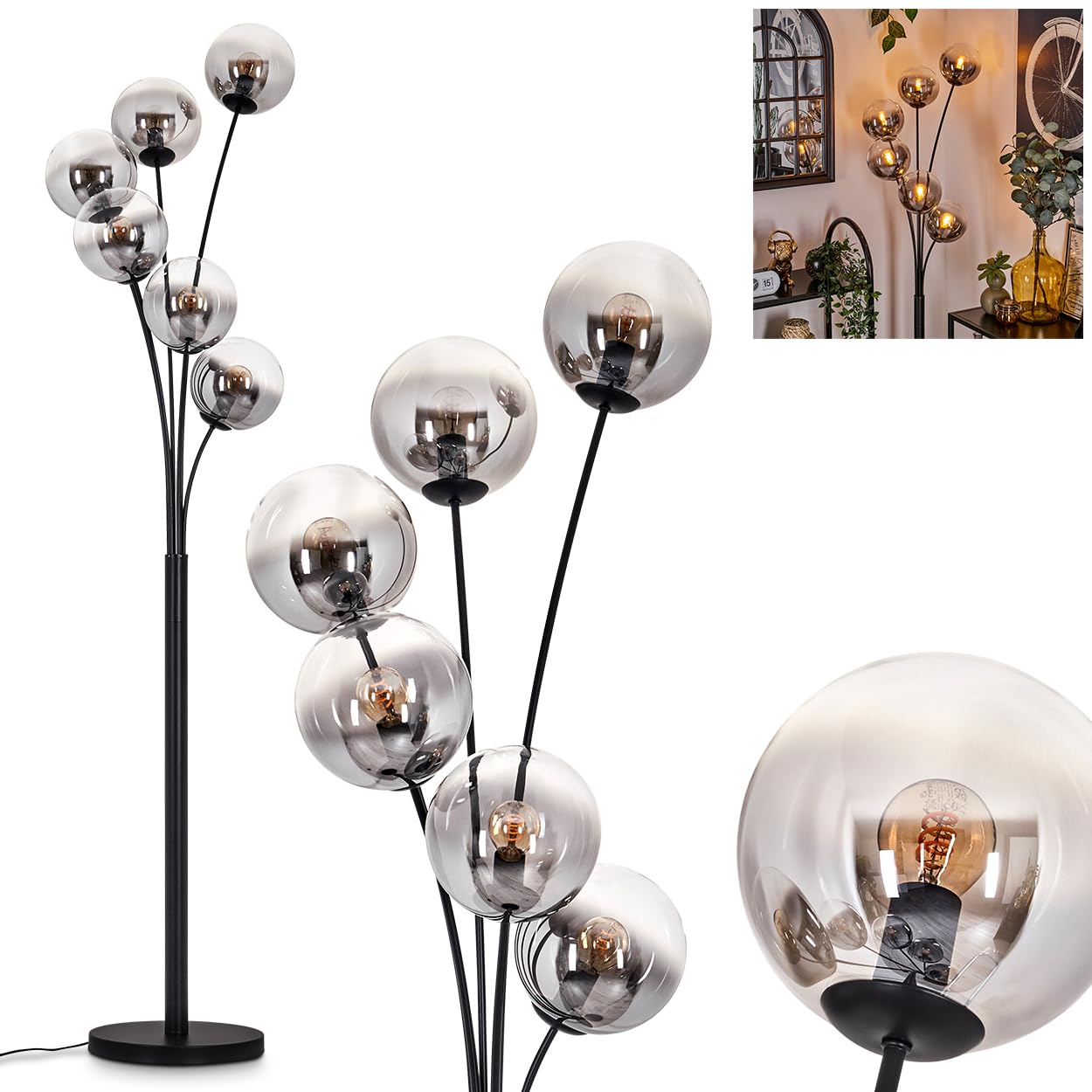 Gastor Floor lamp, Floor lamp Made of Metal/Glass in Black/Smoke Colour/Clear, luminaire in Retro/Vintage Design with Glass Shades (Ø 15 cm) and Foot Switch, Height 168 cm, 6 x E14, Without Bulbs