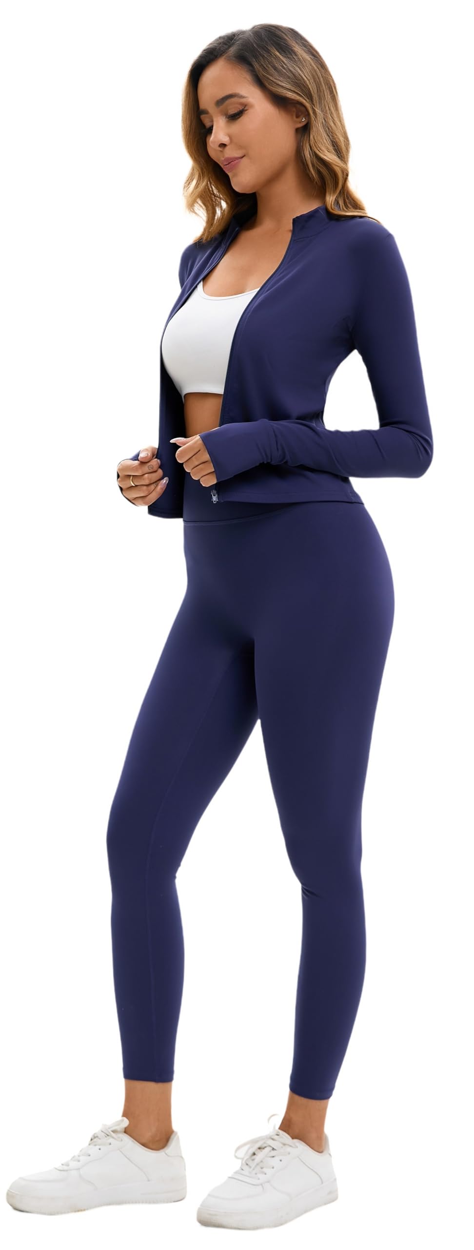 Yknktstc Womens Two Piece Tracksuit Set Long Sleeve Zipper Jacket with Athletic High Waist Leggings Workout Outfit: Large Navy Blue