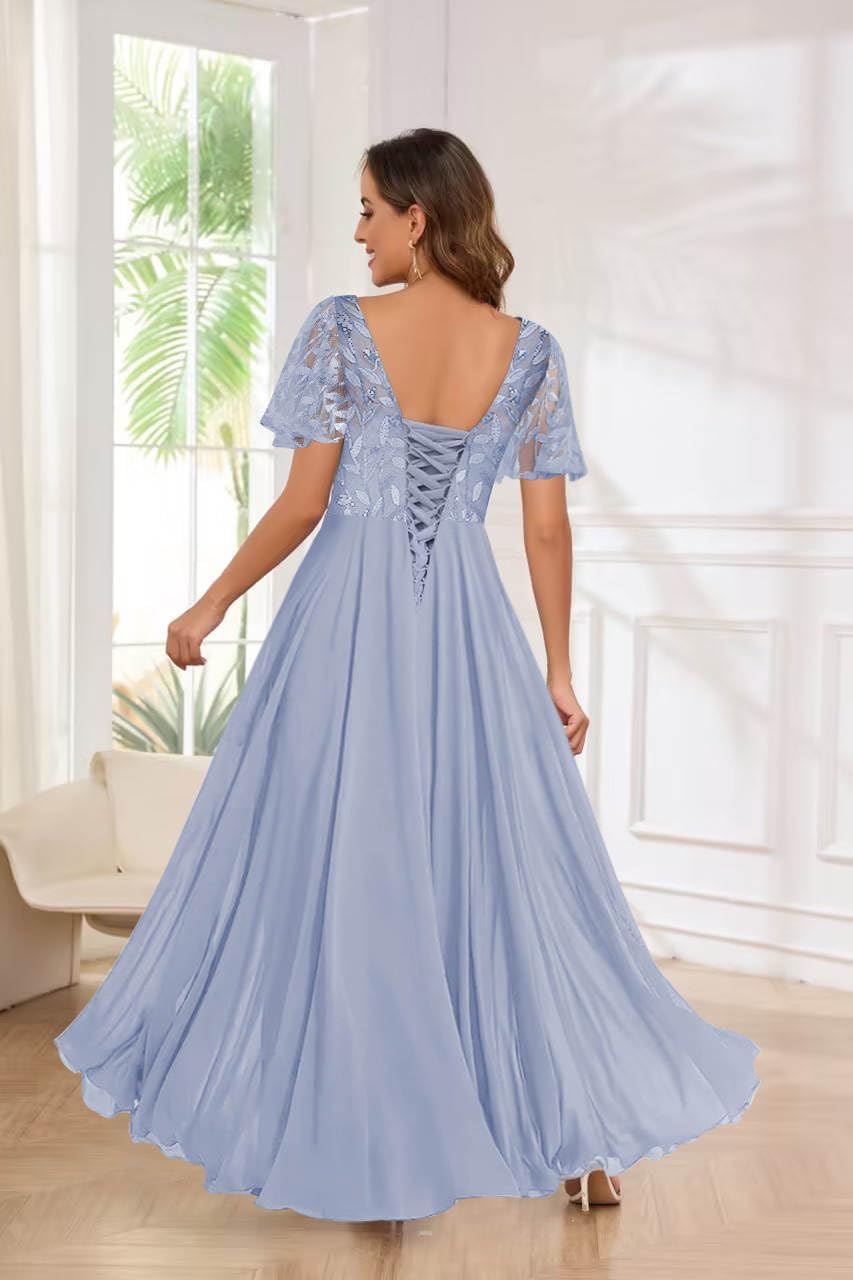 Fu Jiang Short Sleeve Sequin Mother of The Bride Dresses Chiffon A Line Pleated Long Formal Evening Dress with Pockets