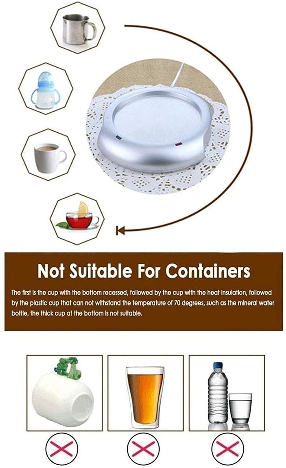 Calentador de Tazas de café Calentador de café para Escritorio Calentador de Tazas Calentador de Tazas para café Leche y té Adecuado para Uso en el hogar y la Oficina Plata
