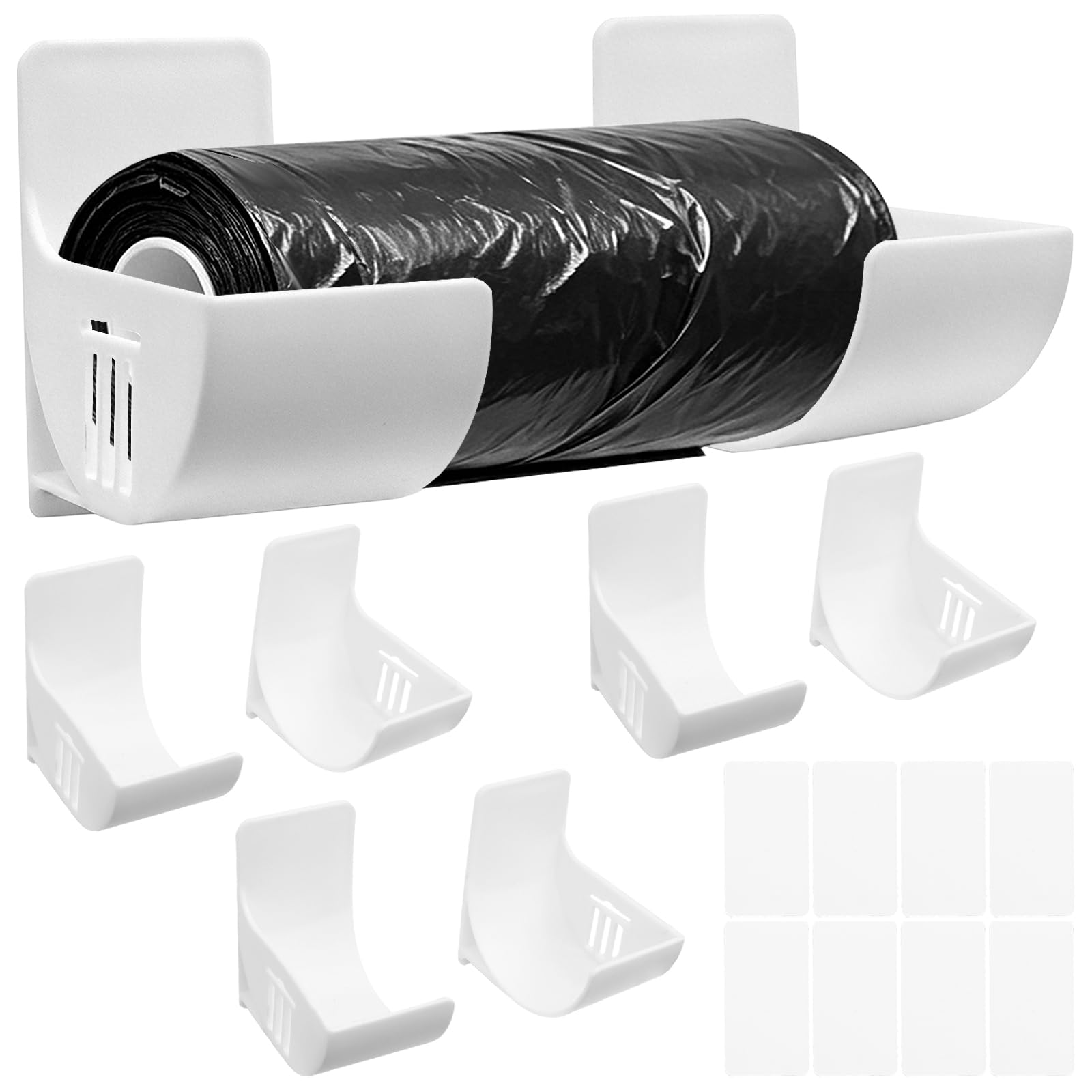 Fizleca 4 Pairs Wall Mounted Bin Bag Holder Self-Adhesive Plastic Bag Holder for Cupboard Door Storage, Foil and Wrap Organiser, Cling Film and Garbage Bag Dispenser (White)