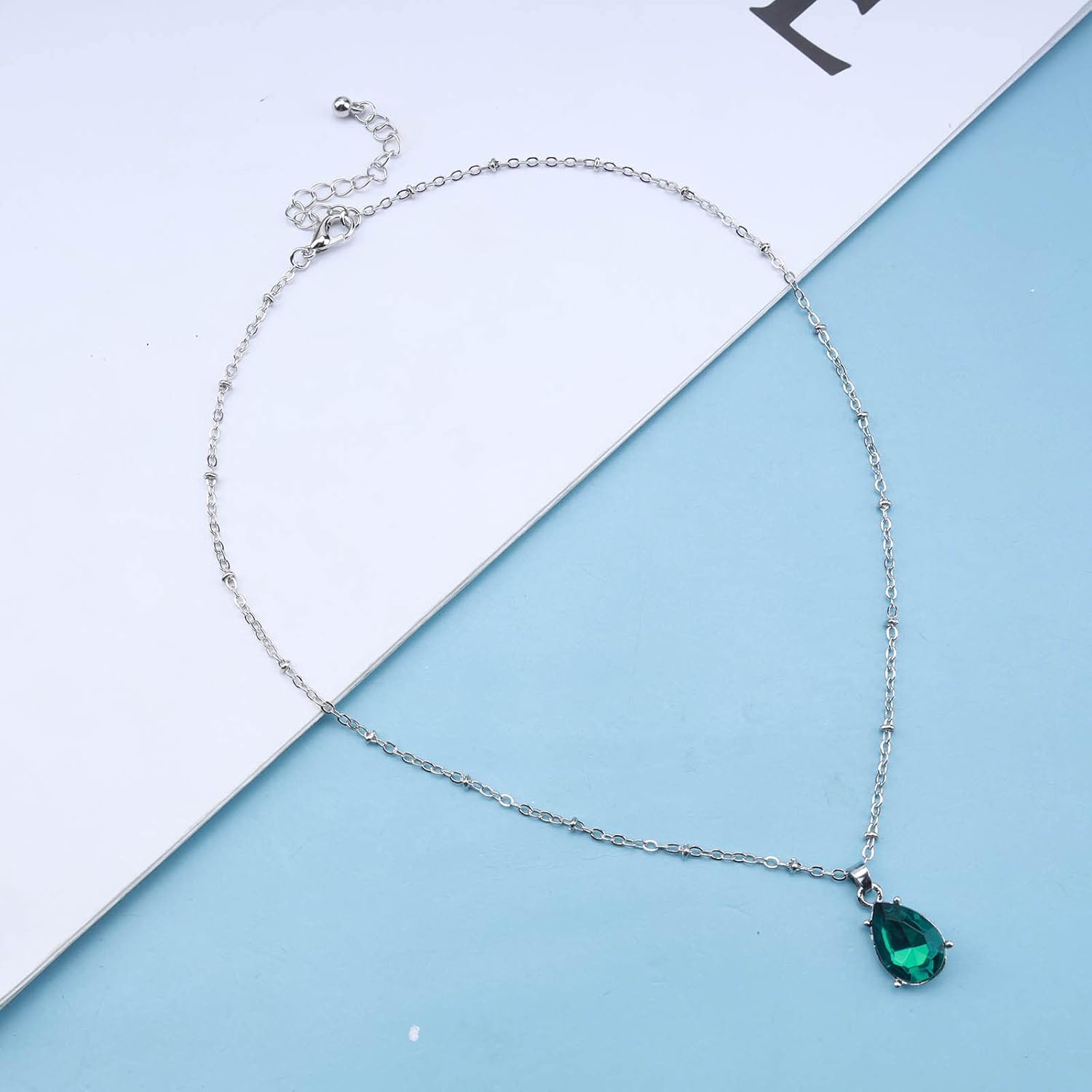 Vintage Blue Topaz Pendant Necklace Teardrop Crystal Gemstone Necklace Rhinestone Blue Stone Choker Necklace Silver Satellite Chain Birthstone Necklace Jewelry for Women and Girls - Image 3